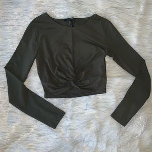 Forever 21 Green knot front long sleeve crop top